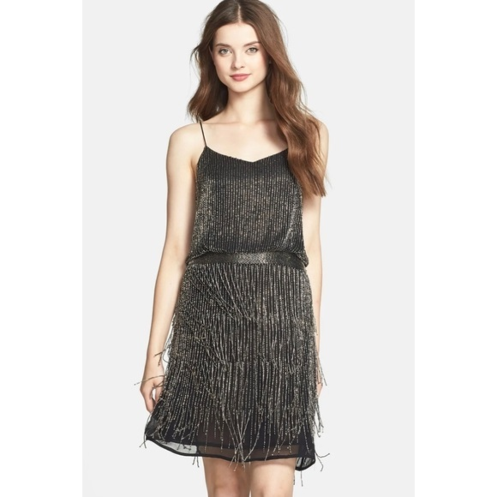 Adrianna Papell Blouson Beaded Black Silver Cocktail Party Dress‎ 2